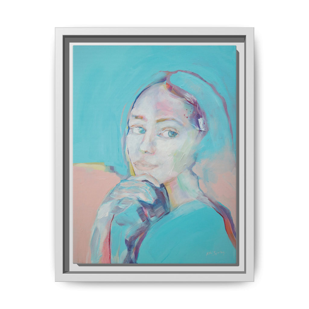 turquoise art print in a white wooden frame on the wall