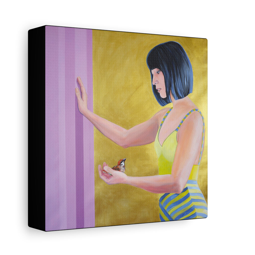 golden yellow violet figurative portrait in a swimming suit print on canvas with black side color
