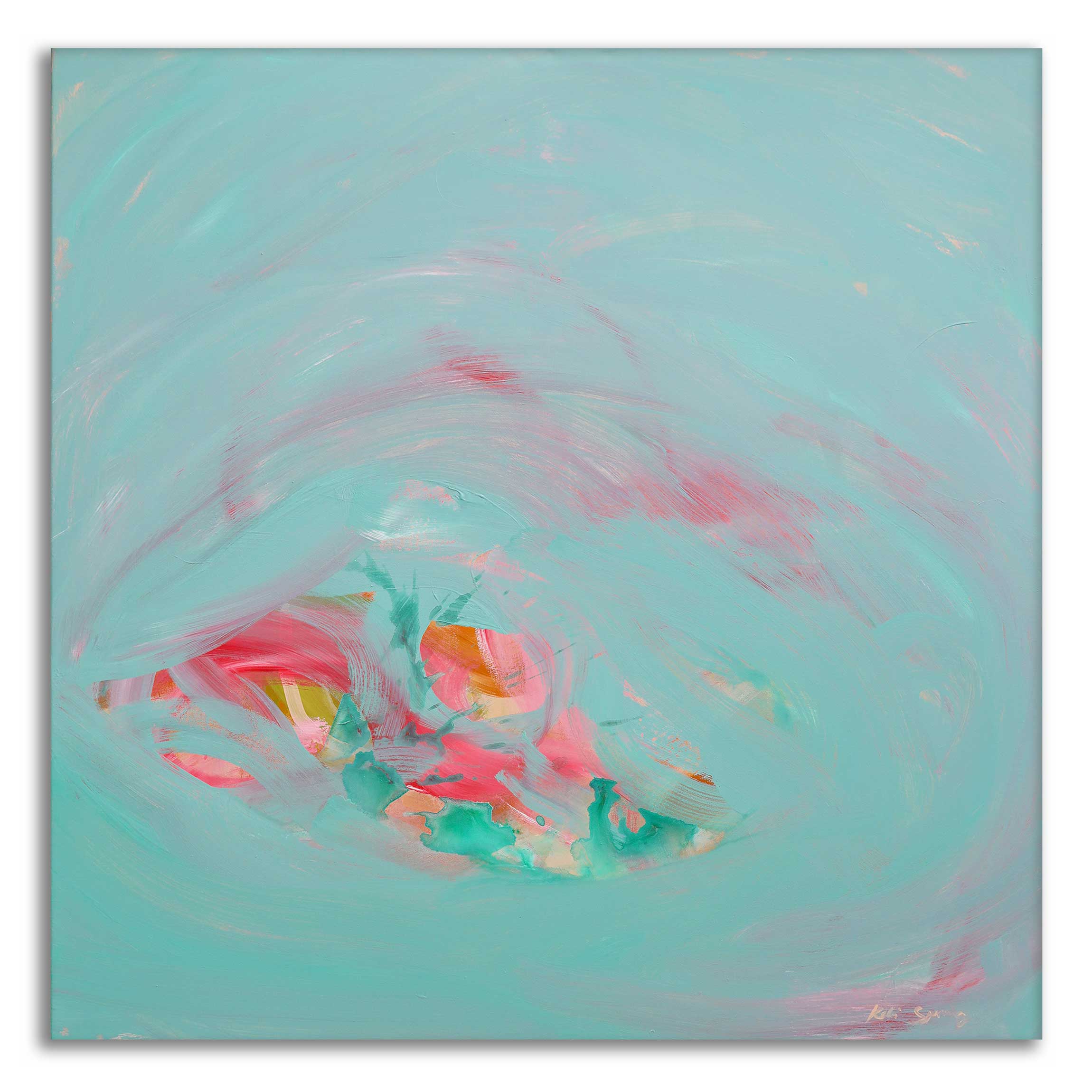 Abstract painting with swirling colors on a light blue background