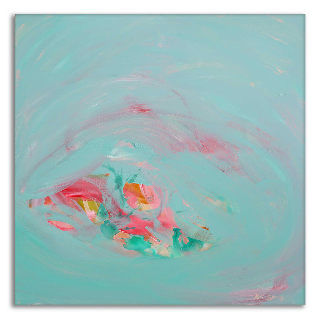 Abstract painting with swirling colors on a light blue background