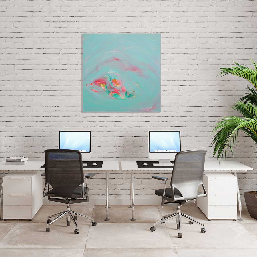 Modern office setup with two desks, chairs, and a colorful abstract painting on a white brick wall.