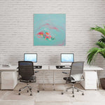 Load image into Gallery viewer, Modern office setup with two desks, chairs, and a colorful abstract painting on a white brick wall.
