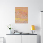Load image into Gallery viewer, Abstract painting on a wall above a white cabinet with a yellow lamp and vase.
