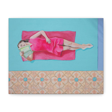 Woman in a pink dress lying on a pink pillow against a blue background with a decorative border at the bottom.