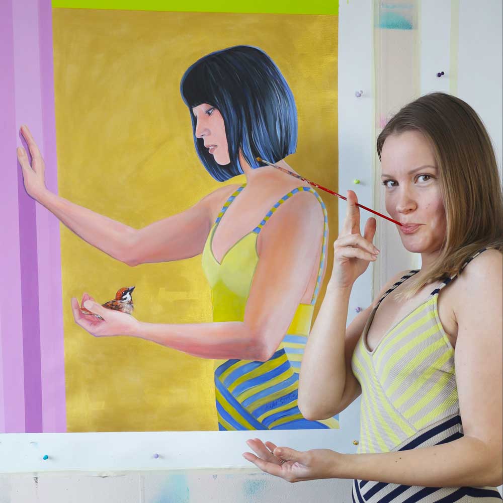 Female artist standing in the front of her original painting. They are dressed same in the blue and yellow striped swimsuit. Background is golden and violet. Minimalistic scenery. 