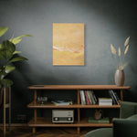 Load image into Gallery viewer, Living room with a wooden shelf, books, a plant, and a painting on a dark wall.
