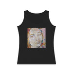 Load image into Gallery viewer, A woman wearing a gray tank top with an abstract portrait design in the center.
