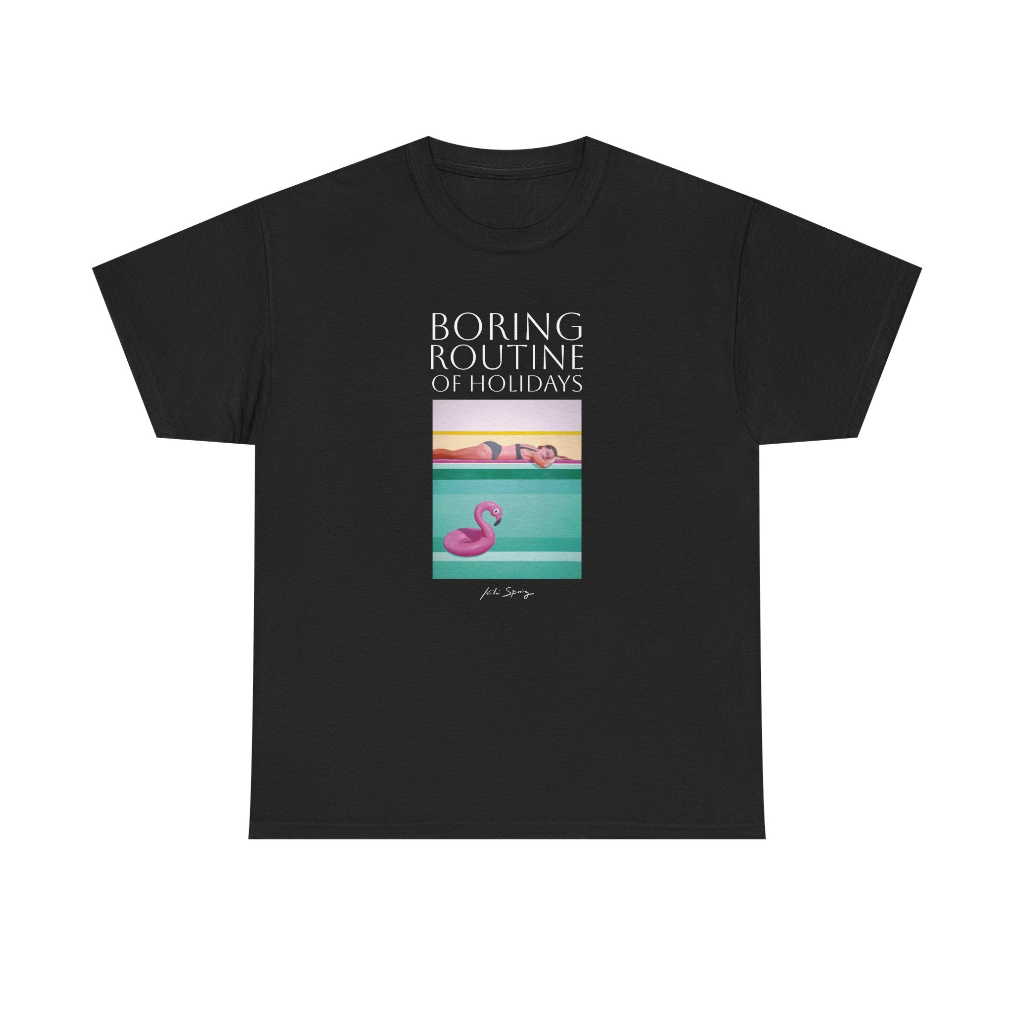a pink unisex crew neck t-shirt with a graphic design and text, standing against a plain background.
