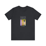 Load image into Gallery viewer, A woman smiling and wearing a black unisex short-sleeve t-shirt with a graphic design in the center, standing against a plain background.

