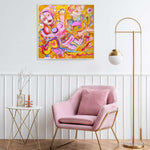 Load image into Gallery viewer, Modern interior with a pink chair, side table, and colorful abstract painting on a white wall.
