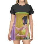 Load image into Gallery viewer, Black artistic T‑shirt dress by Kiki Spring with pop-art portrait design, lightweight polyester fabric. Feminine statement clothes.
