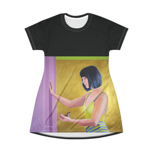 Black artistic T‑shirt dress by Kiki Spring with pop-art asian woman design, lightweight polyester fabric. Feminine artistic clothes statement.