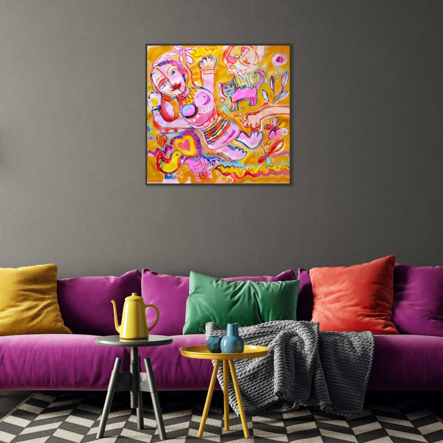 Colorful abstract painting above a purple sofa with colorful cushions in a living room.