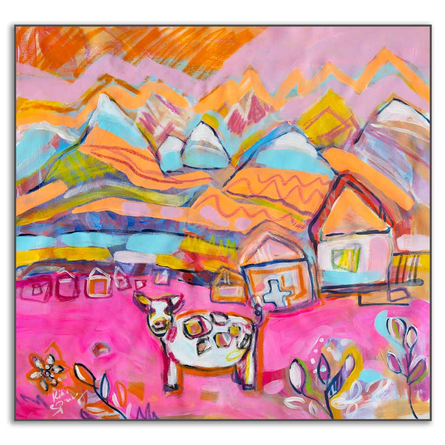 Colorful abstract painting of a village scene with houses and a cow.