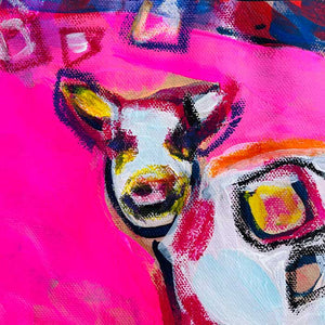 Colorful abstract painting of a cow on a pink background