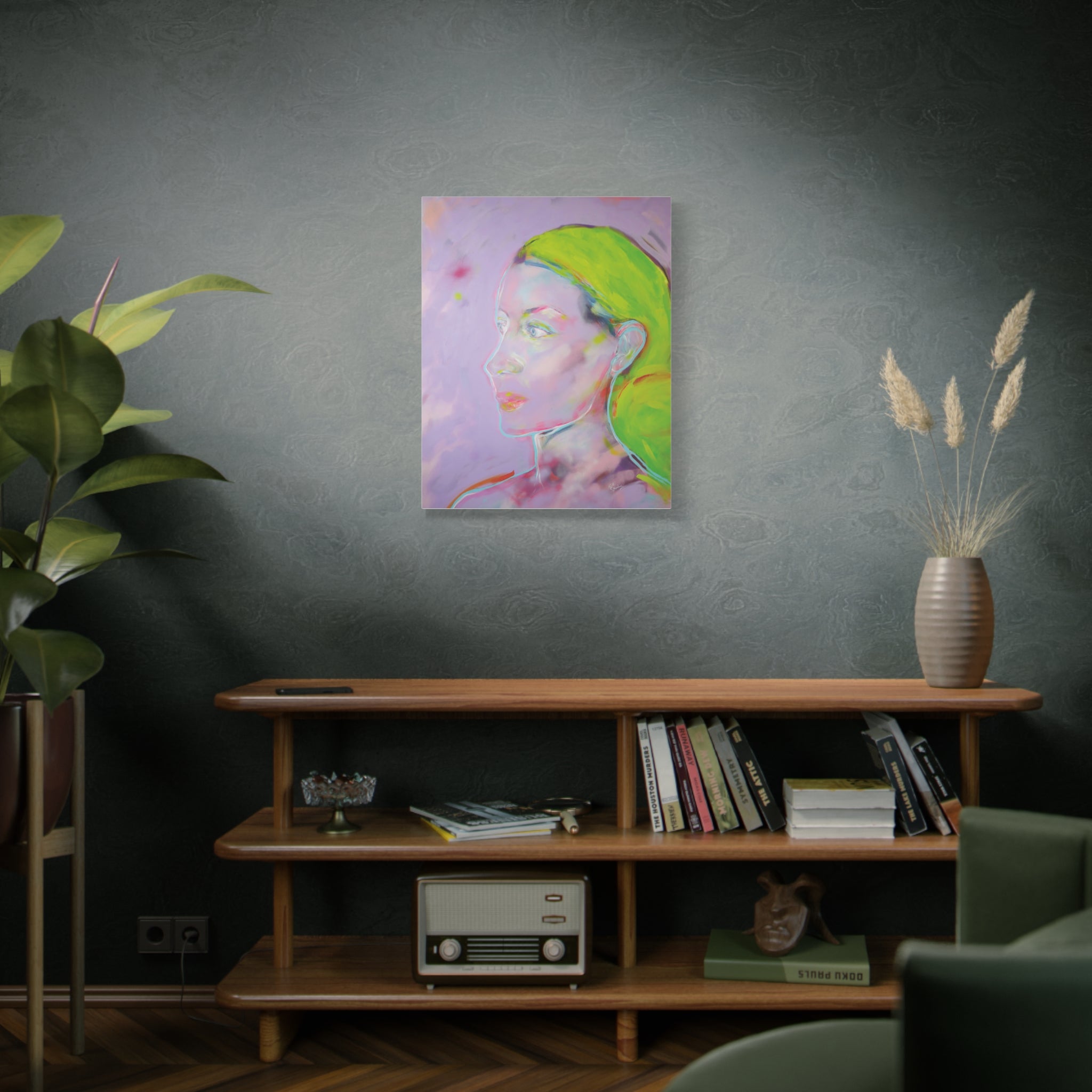 woman portrait on the wall in the grey living room boho style