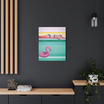 Load image into Gallery viewer, A vibrant canvas wall art featuring a poolside scene with a person relaxing on a float and a pink flamingo, with a colorful striped background.
