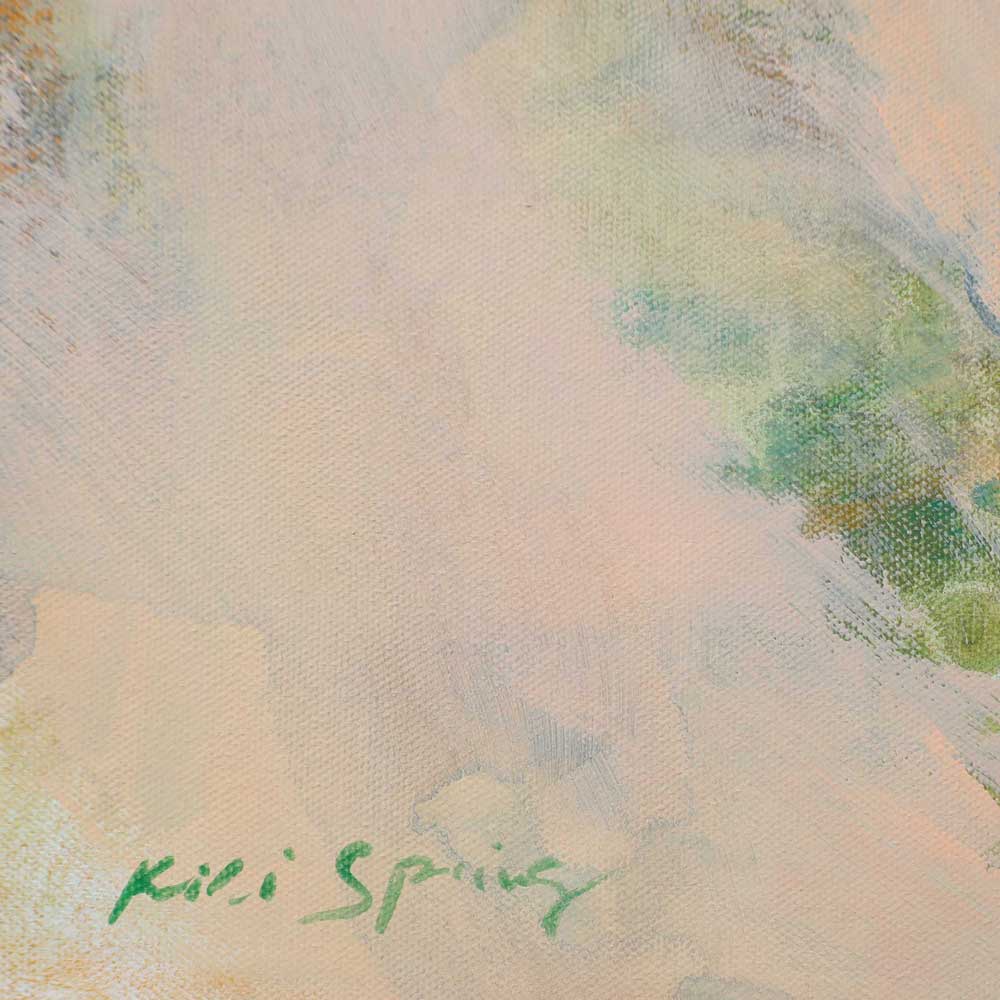 Abstract art with a signature in green on a textured beige background