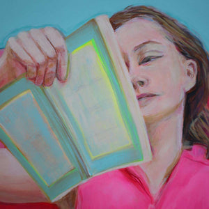 Woman reading a book with a colorful, abstract background, acrylic painting detail on canvas