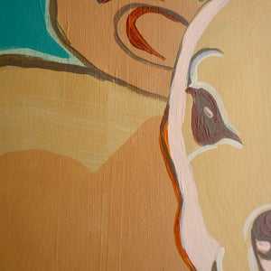 Close-up of a stylized cow eye on a textured beige background