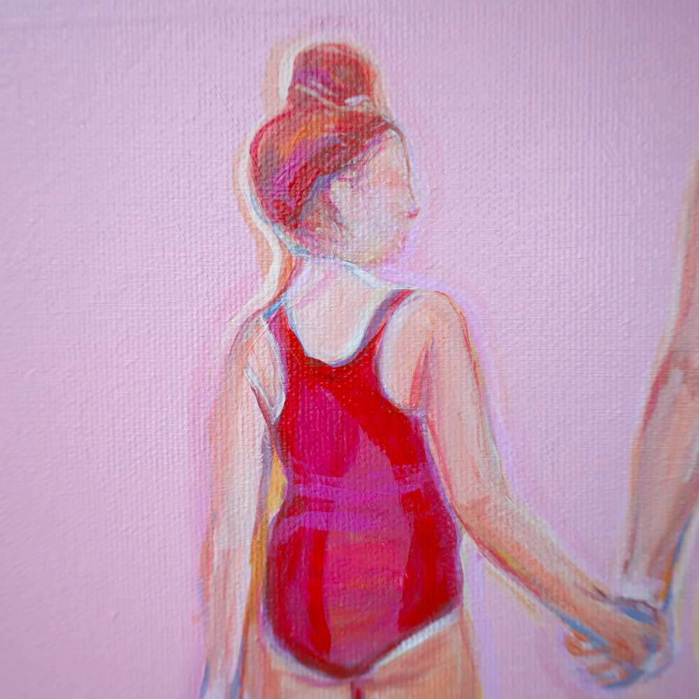 Artistic depiction of a person wearing a red swimsuit on a pink background