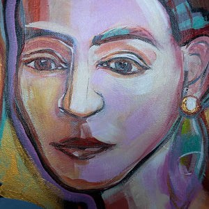 Colorful portrait of a woman with a headscarf and earrings