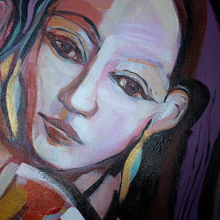 Colorful abstract painting of a woman's face with vibrant colors