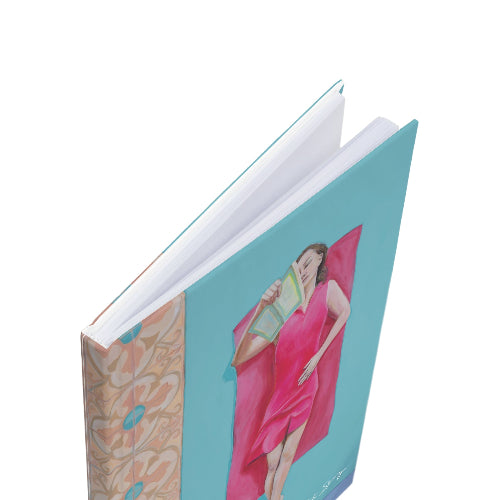 Book with a colorful cover featuring a woman in a pink dress on a white background