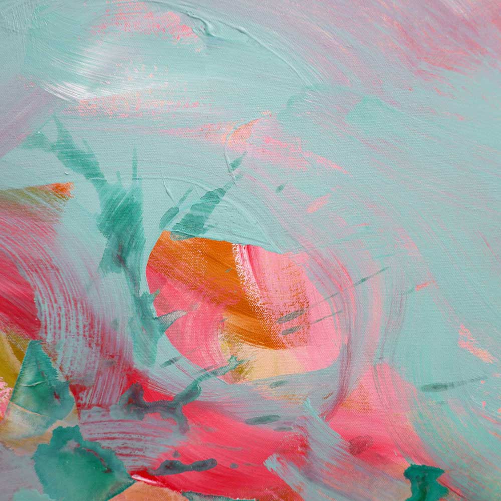 Abstract painting with swirling colors of pink, green, and orange on a light blue background.