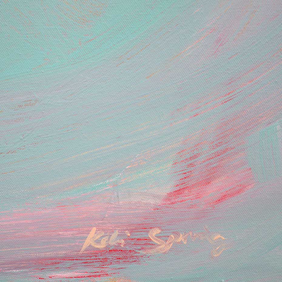 Abstract art with pink and blue brush strokes and a signature at the bottom right corner.