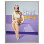 Load image into Gallery viewer, artwork of a woman sitting on a bench with text 'La Femme Mafia' on a purple background.

