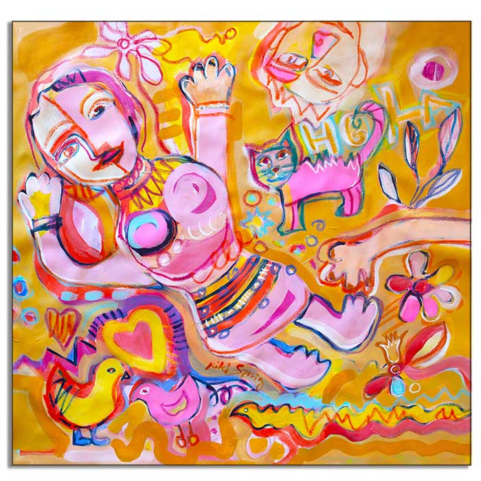 Colorful abstract painting with figures and animals on a yellow background