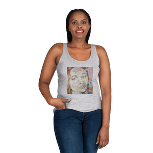 A woman wearing a gray tank top with an abstract portrait design in the center.
