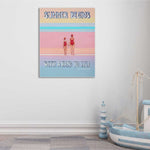 Load image into Gallery viewer, Colorful poster with &#39;Summer Begins with a Hand to Hold&#39; text and two people in swimsuits, displayed on a wall.
