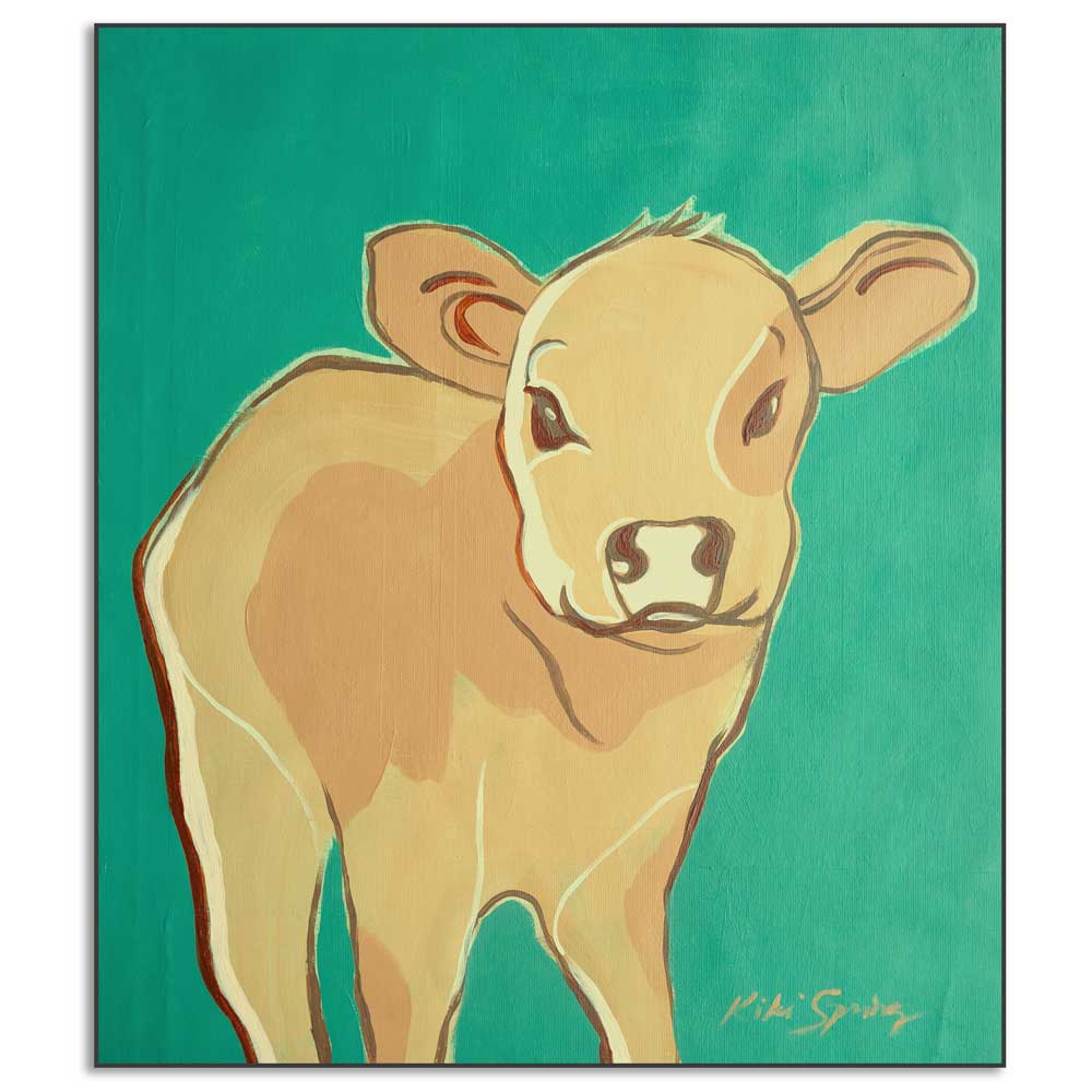 Painting of a calf on a teal background