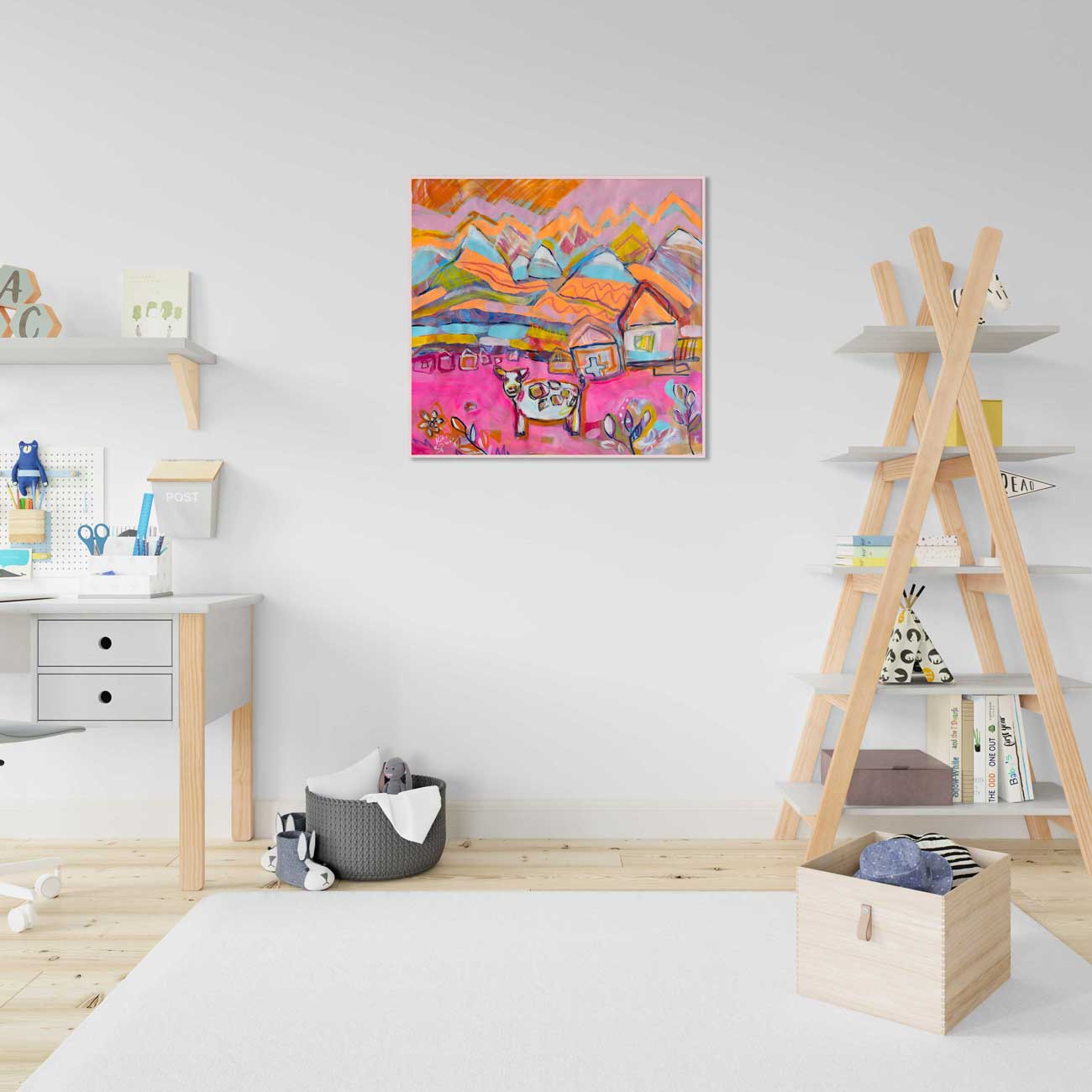 Children's room with colorful abstract painting on the wall, wooden shelves, and toys.