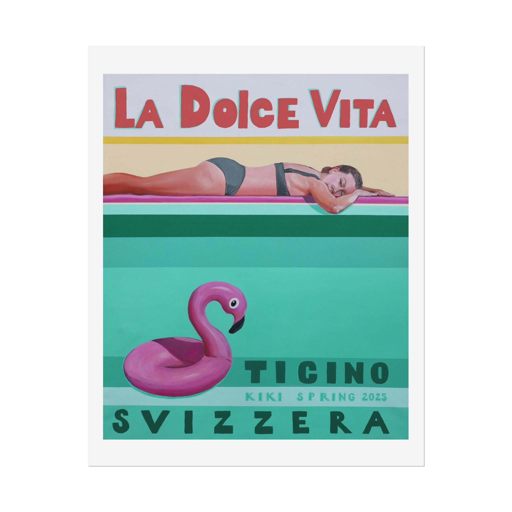 Vintage-style poster with 'La Dolce Vita' text, woman in swimsuit, and pink flamingo float.