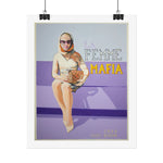 Load image into Gallery viewer, Poster of a woman in a creme dress  with 'La Femme Mafia' text on a purple background
