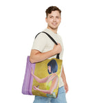 Load image into Gallery viewer, tote bag with a portrait painting of kiki spring. the woman from a pop-art painting holds a small bird. the man carrying the tote bag is young dark hair wearing the while t-shirt and jeans. the background is white. 
