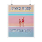 Load image into Gallery viewer, Poster with two people in swimsuits holding hands and text 'Summer begins with a hand to hold' on a pastel gradient background.
