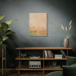Load image into Gallery viewer, Living room with a wooden shelf, books, a plant, and a painting on a dark wall.
