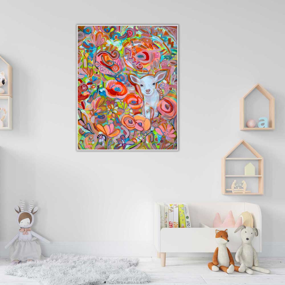 Colorful abstract painting of a deer, lamb, kid in a child's room with toys and shelves.