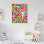 Load image into Gallery viewer, Colorful abstract painting of a deer, lamb, kid in a child&#39;s room with toys and shelves.
