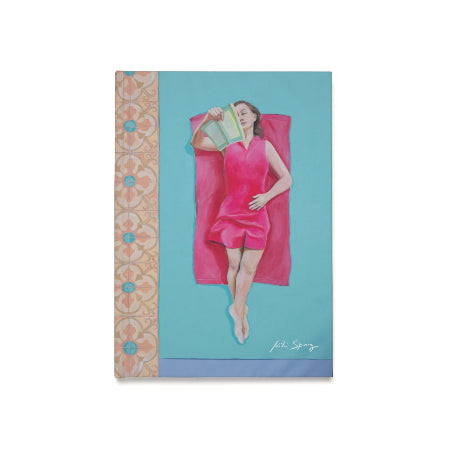 Notebook with a colorful design featuring a woman in a pink dress on a blue background