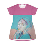 Load image into Gallery viewer, A pink t-shirt dress featuring a central female portrait print with predominantly blue and purple hues.
