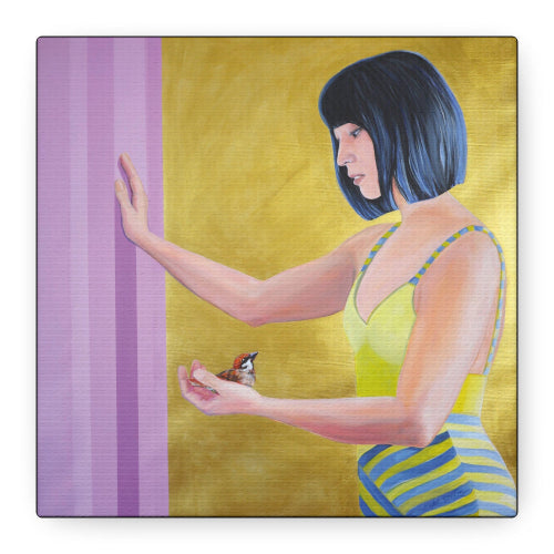 A stretched canvas wall art featuring a woman with black hair in a yellow and blue dress, reaching out to a bird on a purple background.