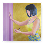 Load image into Gallery viewer, A stretched canvas wall art featuring a woman with black hair in a yellow and blue dress, reaching out to a bird on a purple background.
