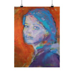 Load image into Gallery viewer, A vibrant vertical poster featuring an acrylic painting of a female portrait with a matte finish. The colors are vivid with a mix of blue, orange, and purple, creating a expressive and artistic look.

