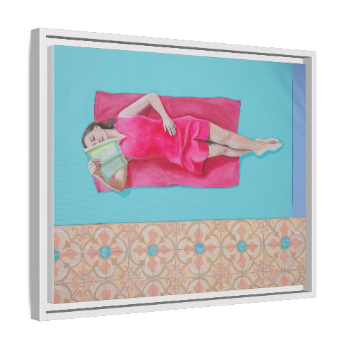 Framed artwork of a woman in a pink dress lying on a blue background with a patterned border.