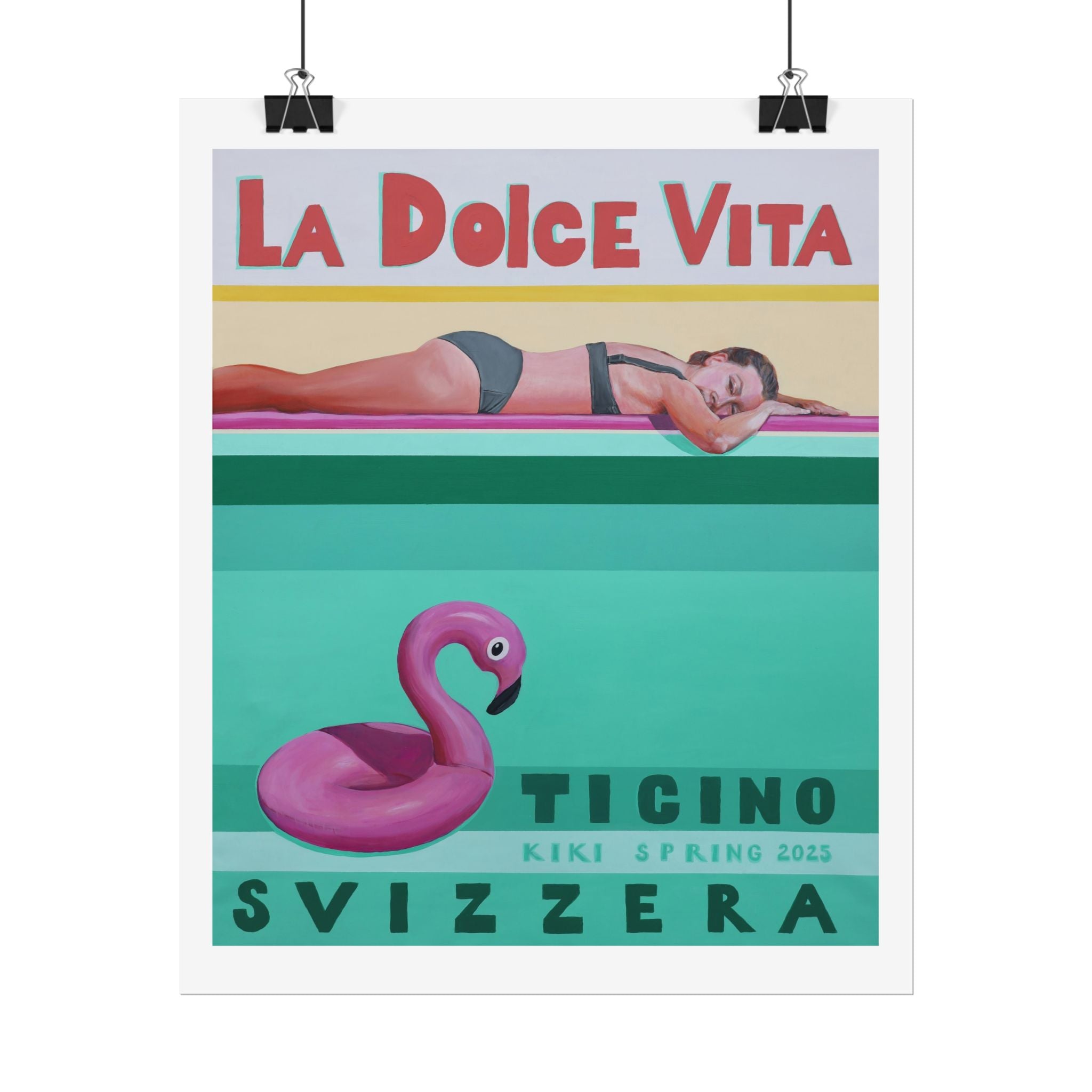 Vintage-style poster with 'La Dolce Vita' text, woman in swimsuit, and pink flamingo pool float.